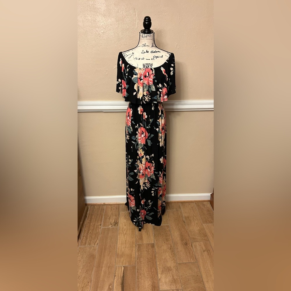 JODIFL black floral maxi dress deep scoop or off the shoulders